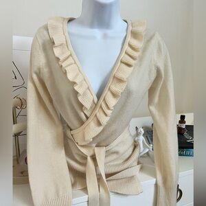 Chic Cream Ruffle Wrap Cashmere Cardigan fits like S